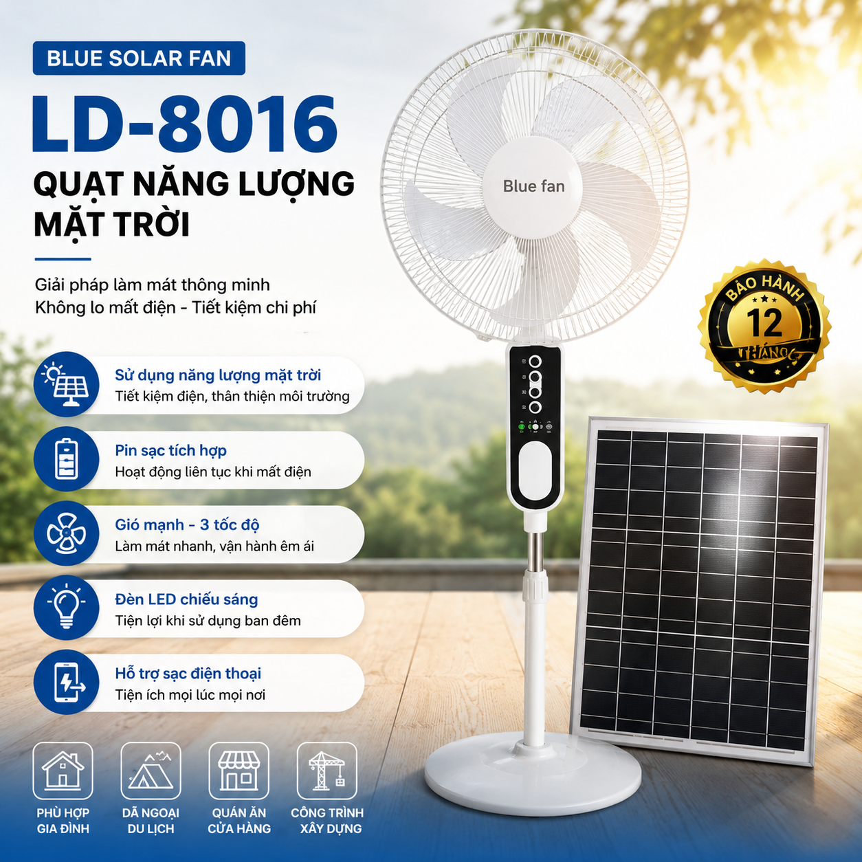 Quạt Năng Lượng Mặt Trời BLUE SOLAR FAN LD-8016 – Giải Pháp Làm Mát Tiết Kiệm Khi Mất Điện